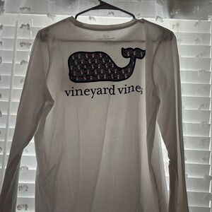 Vineyard Vines White Long Sleeve with Navy Whale and fall pumpkins/coffee